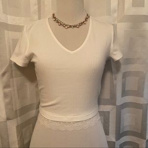White Ribbed Tee With Lace Trim